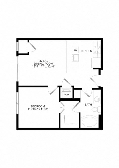 Floor plan for 1 bed, 1 bath, 572 sqft